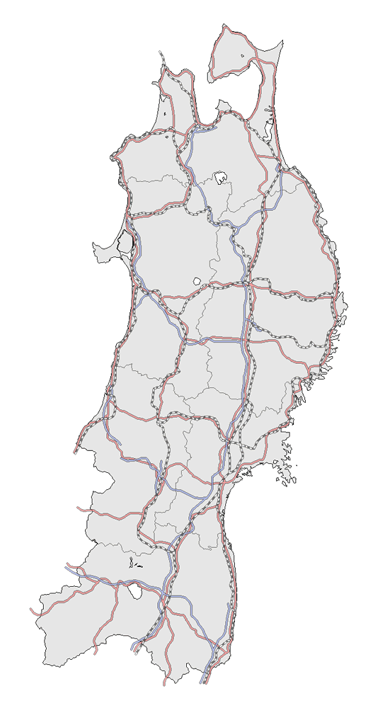 Craftmap 東北地方の地図素材 グレー 鉄道 道路入り