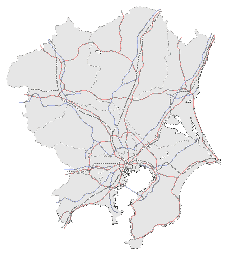 Craftmap 関東地方の地図素材 グレー 鉄道 道路入り