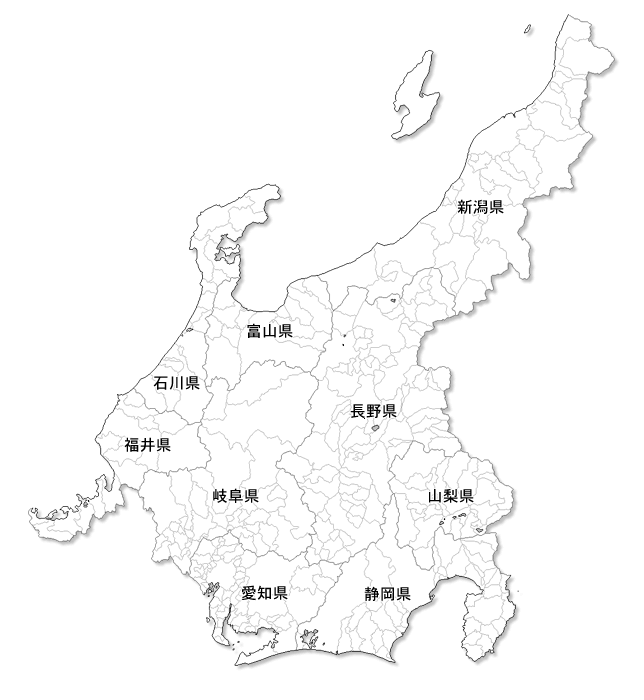 Craftmap 中部地方の地図素材 白地図 市境県名入