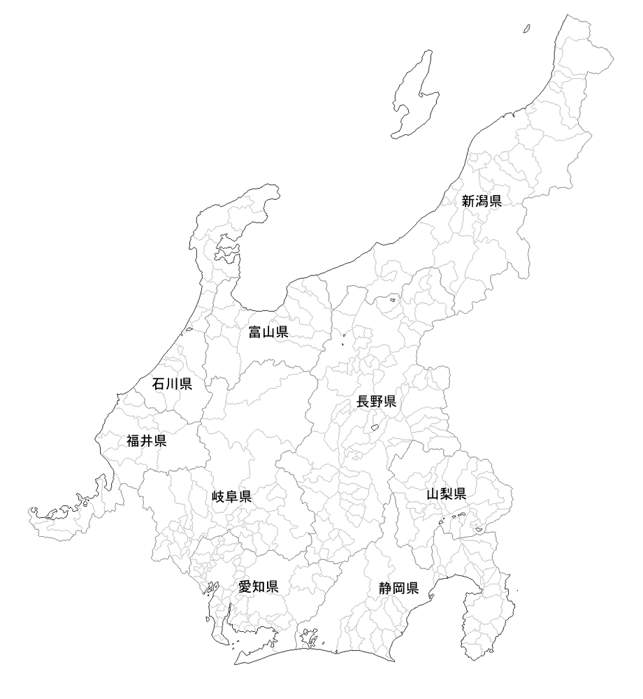 Craftmap 中部地方の地図素材 白地図 市境県名入