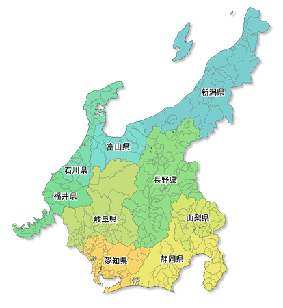 Craftmap 中部地方の地図素材 色分け 市境県名入
