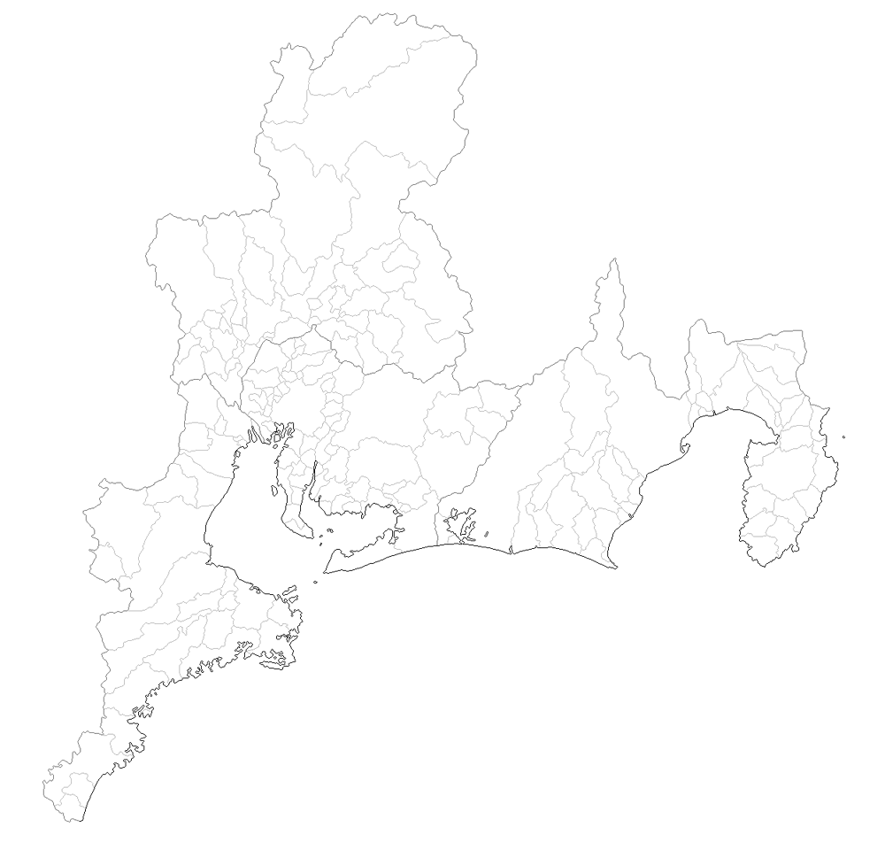 東海地方の地図素材 (白地図 + 市境入) 影なし ( 1000 × 960 Pixe)