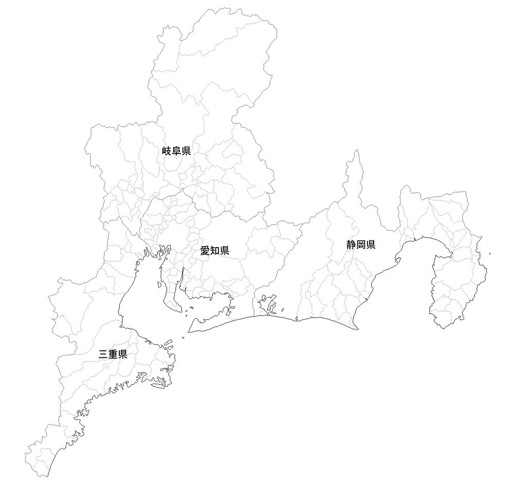 Craftmap 東海地方の地図素材 白地図 市境県名入