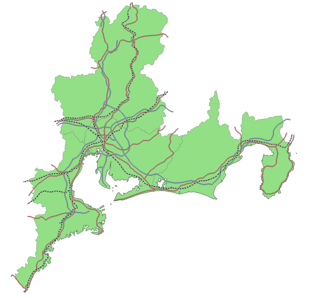 東海地方の地図素材 (単色 + 鉄道・道路入り) 影なし ( 1000 × 960 Pixe)