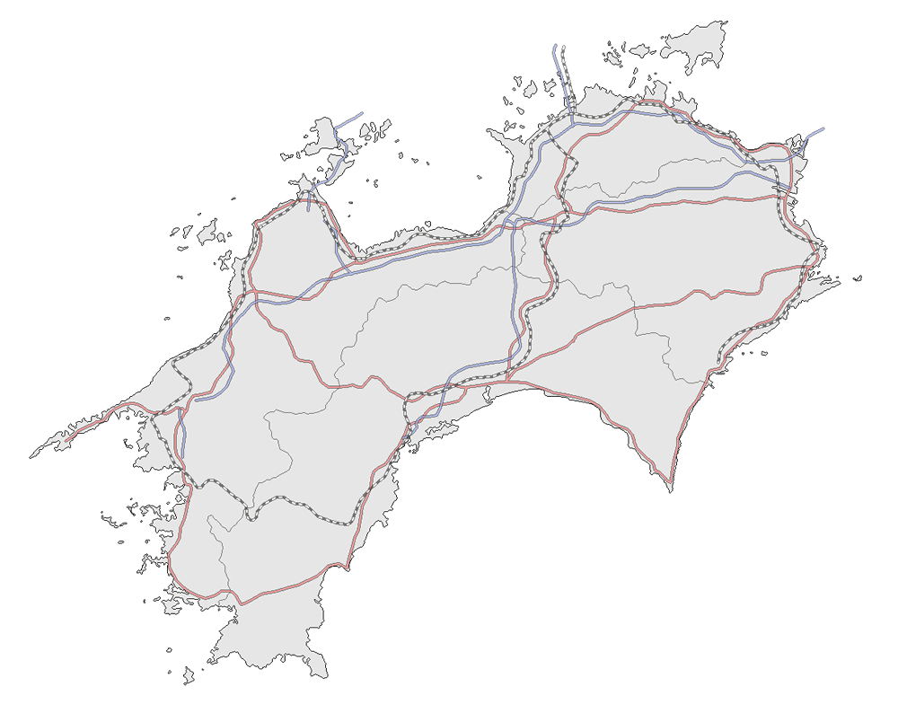 Craftmap 四国地方の地図素材 グレー 鉄道 道路入り
