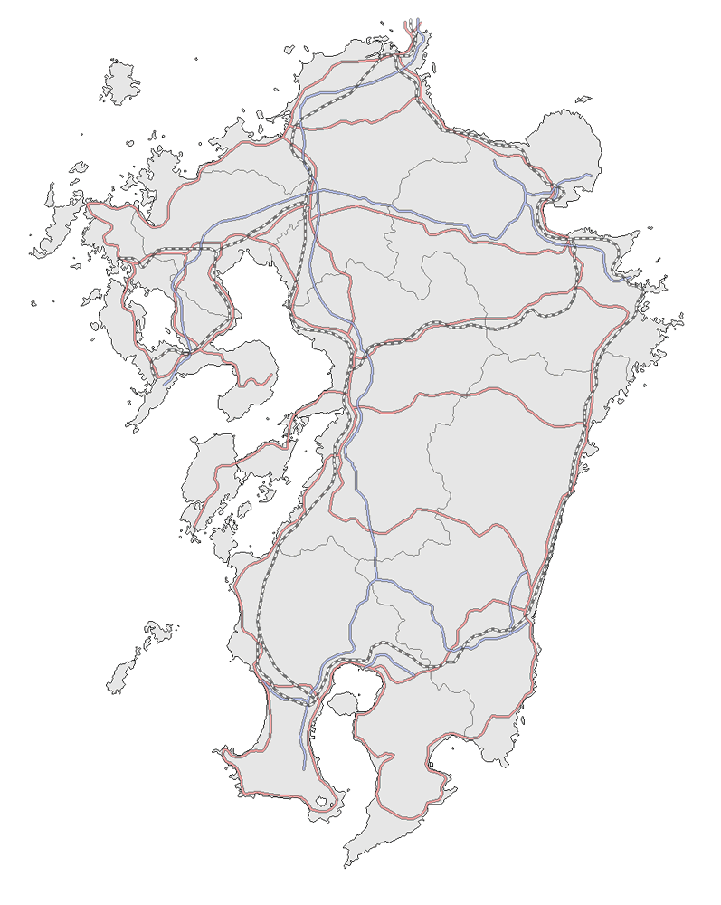 Craftmap 九州地方の地図素材 グレー 鉄道 道路入り