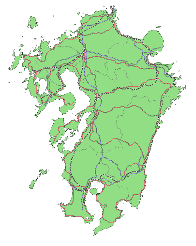 Craftmap 九州地方の地図素材 単色 鉄道 道路入り