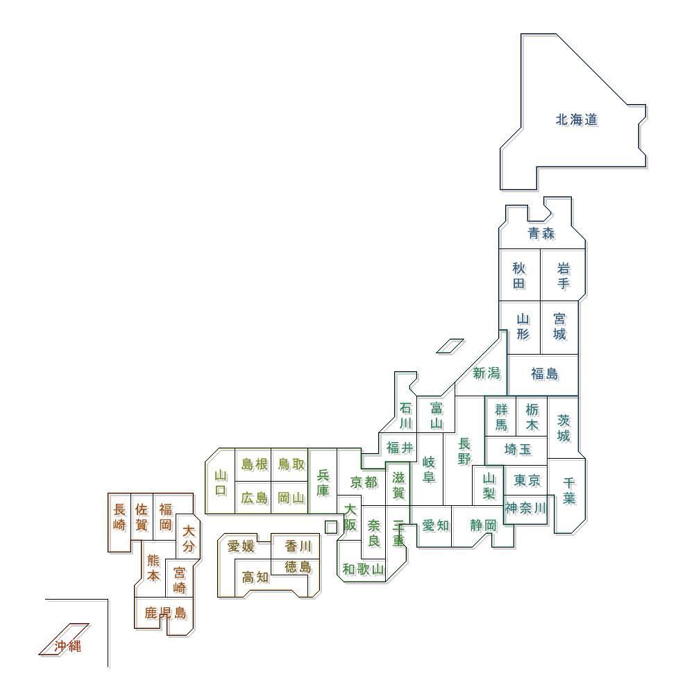 Craftmap イラスト日本地図 白抜き 色分け県名