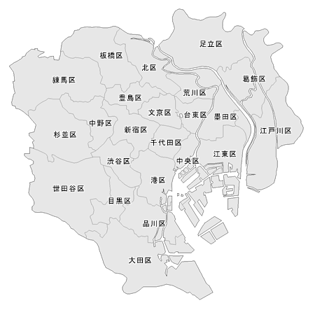 東京23区の地図素材 (グレー + 区名)