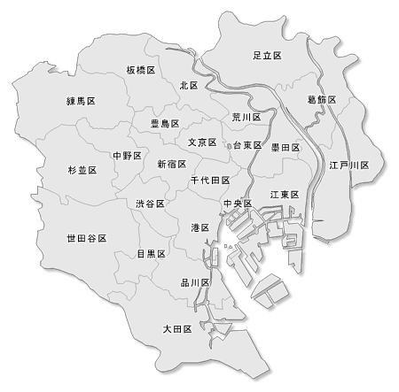 東京23区の地図素材 (グレー + 区名)