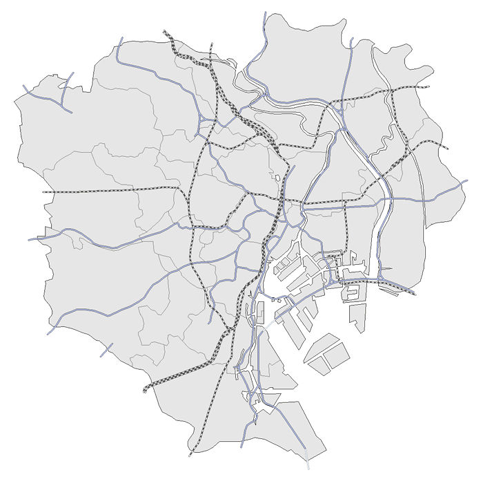 東京23区の地図素材 (グレー + 交通網①)