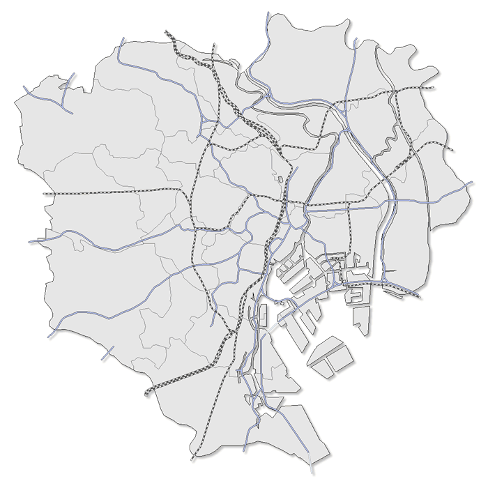 東京23区の地図素材 (グレー + 交通網①)