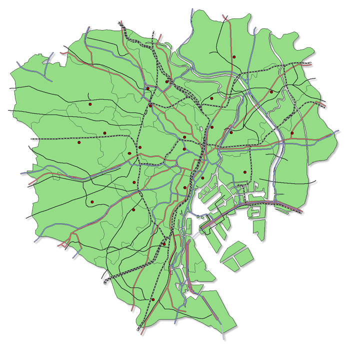 東京23区の地図素材 (単色 + 交通網②)